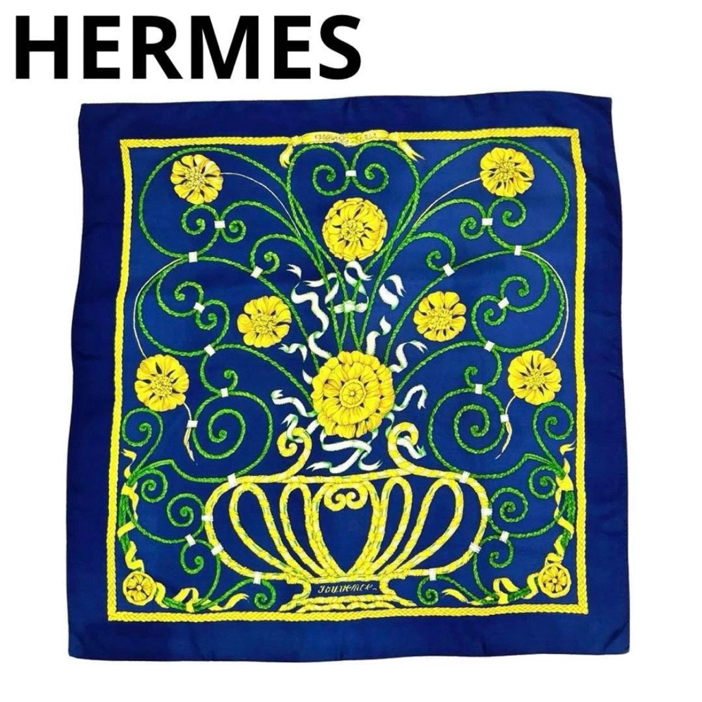 Herms Navy And Yellow Silk Scarf